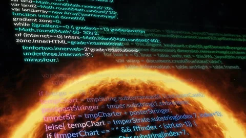 On start 3D render fiery sphere pulsating while scrolling colored code Stock Footage 310140311