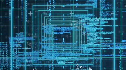 On start 3D teal wireframe squares moving inward, blue code snippets sliding Stock Footage 315788787