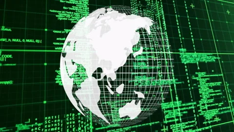 On start 3D wireframe globe slowly rotating to reveal regions with code streams Stock Footage 310972117