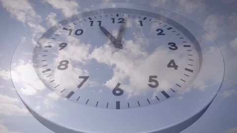 At start analog clock sweeping hands clockwise, minute hand blurring, clouds Stock Footage 328329845