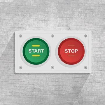 Start and stop button. finger pressing start button. gray background 스톡 일러스트