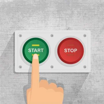 Start and stop button. finger pressing start button. gray background 스톡 일러스트