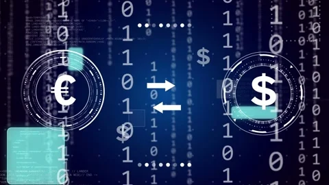 On start animated fx-ui showing EUR, USD rings, sliding data blocks, arrows 库存影片 334351837