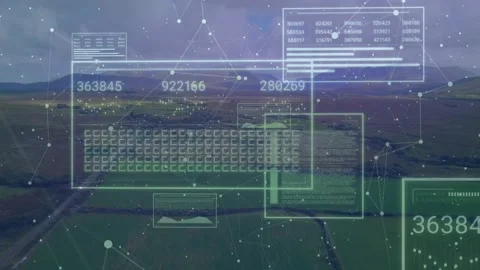 On start animated UI overlay floating, updating icons and charts to visualize Stock Footage 317156202