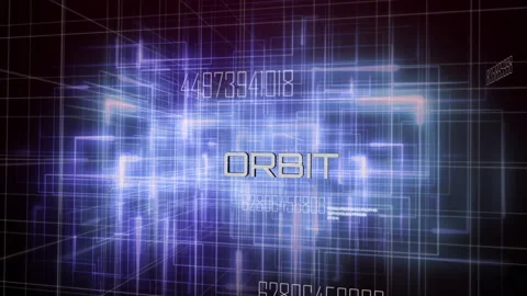 On start animating wireframe cube rotating in dark void with pulsing ORBIT text Stock Footage 311475212
