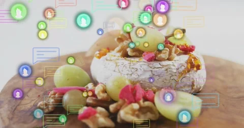 On start avatar icons appearing and floating over cheese wheel while honey Stock Footage 323384870