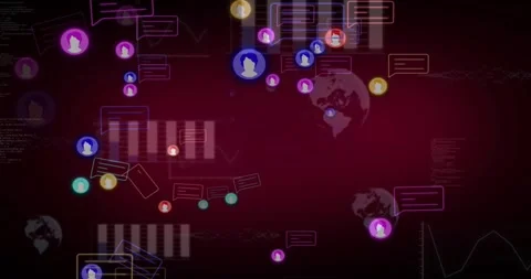 At start avatar icons with chat bubbles drifting, clustering around charts 스톡 동영상 317119362