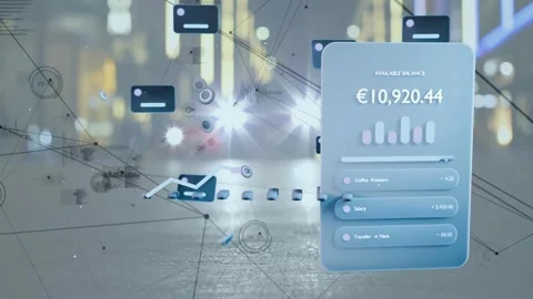 On start banking panel sliding in, tokens orbiting, line graph rising, showing Stock Footage 338356431