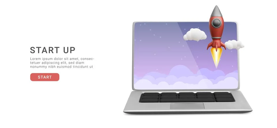 Start up banner with laptop, rocket, clouds in realistic style. Vector illust Stock-Illustration