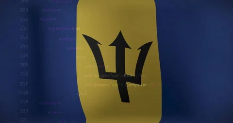 On start Barbados flag waving with translucent code terms scrolling left to show Stock Footage 313771075