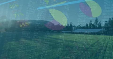 At start barn and silos standing static while animating graphics fading and 스톡 동영상 313758181