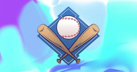 On start baseball emblem with crossed bats rotating to show red stitch pattern Stock Footage 315529836