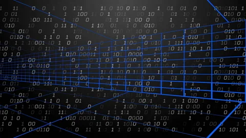 Start binary code appearing and streaming toward viewer inside expanding 3D grid Stock Footage 314790286
