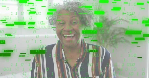 At start, binary code floating, woman at window raising hand interacting with Stock Footage 318758626