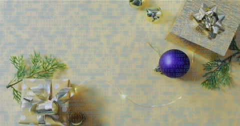 On start binary code overlay drifting across holiday decor while fairy lights Stock Footage 319360840