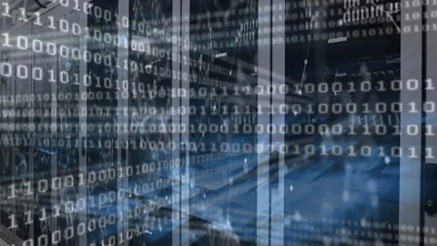 On start, binary code scrolling and pulsing across server racks, showing data Stock Footage 311140825