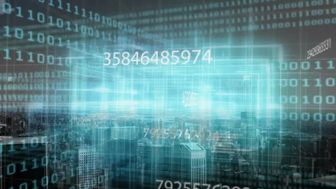 On start binary code scrolling over skyline grid appearing and updating numbers Stock Footage 313758274