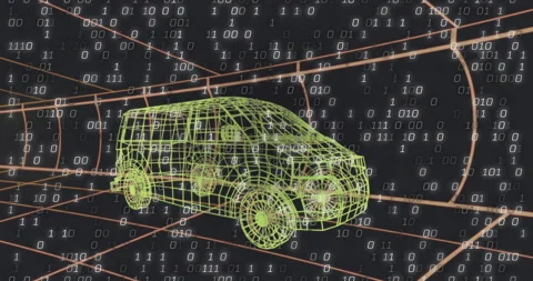 On start binary code streaming around wireframe van as tunnel grid rotating Stock Footage 311677688