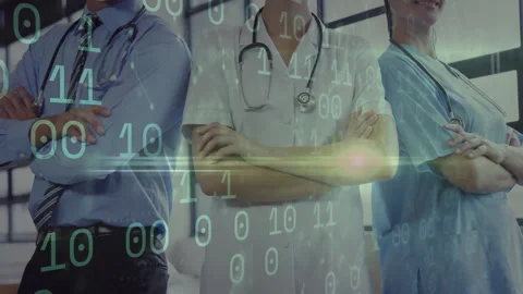 On start binary code streams drifting over static medical team, showing digital Video stock 312715653