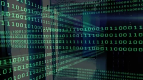 At start binary code streams flowing down server corridor toward viewer, 库存影片 317369233