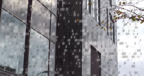 On start binary digits drifting over building facade as camera panning right Stock Footage 310664542