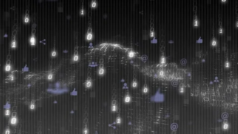 On start, binary digits raining and social icons clustering into morphing grid Stock Footage 317741367