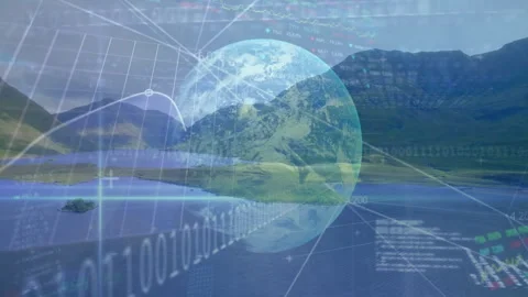 On start binary digits scrolling lake globe fading graphs animating for data Stock Footage 311664485