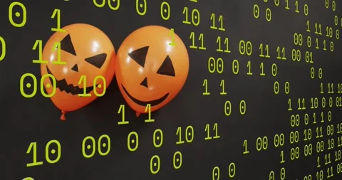 On start binary digits sliding across pumpkin balloons streaming data while Stock Footage 317114172