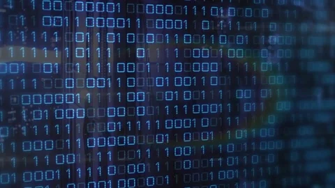 On start binary grid flickering and scrolling over dark server silhouette, Stock Footage 317593174