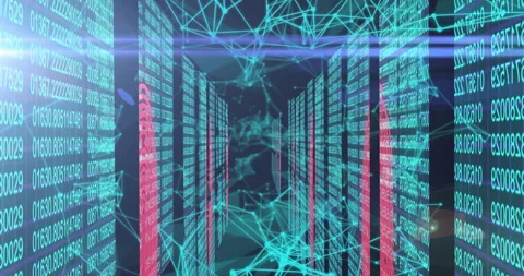 At start binary panels appearing, network mesh forming, digits scrolling, camera Stock Footage 310283609