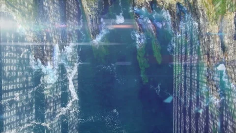 On start binary rain falling over ocean cliffs light streaks drifting creating Vídeos de archivo 310141380