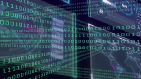 At start binary stream scrolling, overlays sliding, map emerging, gauges 库存影片 313724849