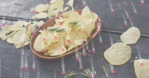 On start binary streams cascading over rosemary chips in wooden bowl, expanding Stock Footage 317772563