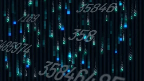 On start, binary streams flowing with blue blocks and cycling numeric overlays Stock Footage 330414249