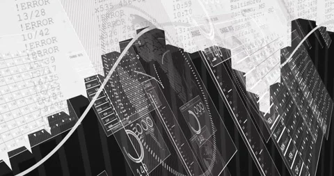 On start black bars rising panels appearing, trend tracing, code scrolling view Stock Footage 311217179