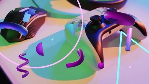 On start, black controller staying while neon 3D shapes orbiting and settling to Stock Footage 335465503
