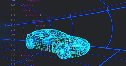 At start blue 3D wireframe car rotating in grid tunnel as code tags updating Stock Footage 311697692