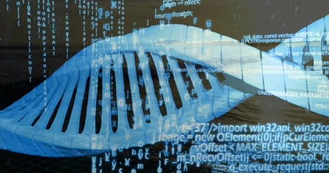 On start blue DNA helix undulating across dark sea, streaming code columns Stock Footage 331712859