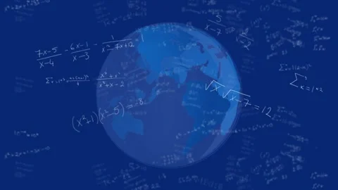 On start blue globe rotating, chalk equations orbiting and fading to show math Stock Footage 328469033