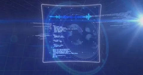 On start blue grid hologram ring emerging, code scrolling, panels forming around Stock Footage 326101319
