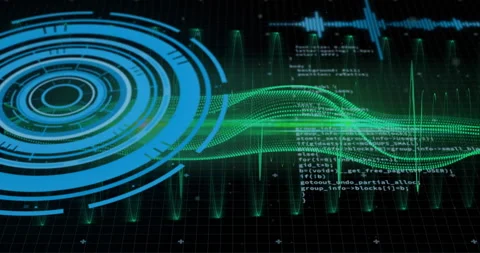 At start blue HUD circle emitting green data stream, spikes rising, code 스톡 동영상 315891894