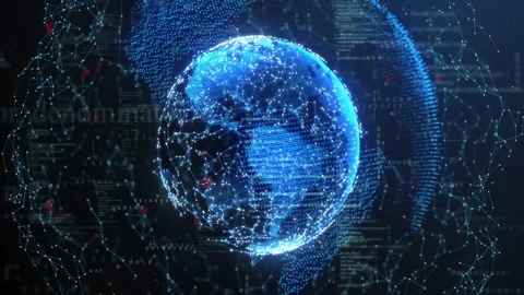 On start blue nodes forming into rotating globe pulsing hotspots streaming code Stock Footage 312898283