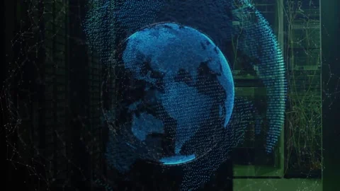 On start blue point-cloud globe rotating and shimmering, orbital band sweeping, Stock Footage 332843830