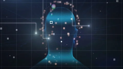 On start, blue wireframe head rotating clockwise as nodes forming, lines tracing Stock Footage 309894373