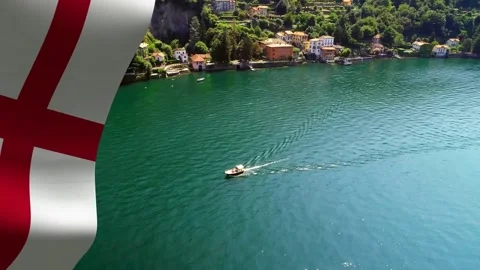 On start boat moving along shore leaving V wake for tour, flag overlay Stock Footage 335212174