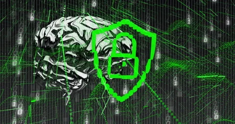 On start brain rotating shield counting morphing into padlock securing Stock Footage 311506913