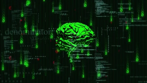 On start brain rotating while green binary streams falling and code sliding, Stock Footage 334337955