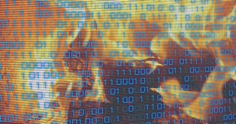 On start burning logs flickering while blue binary code shifting visualizing 動画素材 318758621