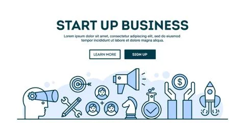 Start up business, concept header, flat design thin line style Stock Illustration