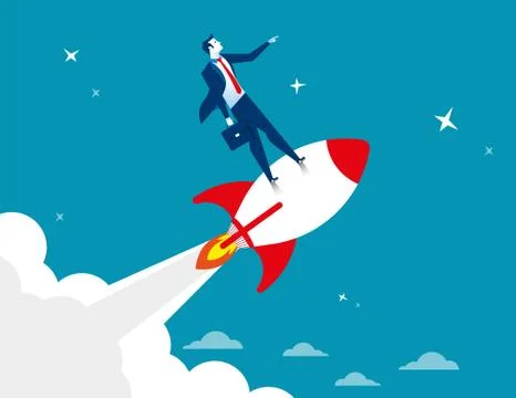 Start up. Businessman standing on rocket ship flying through starry sky Stock Illustration